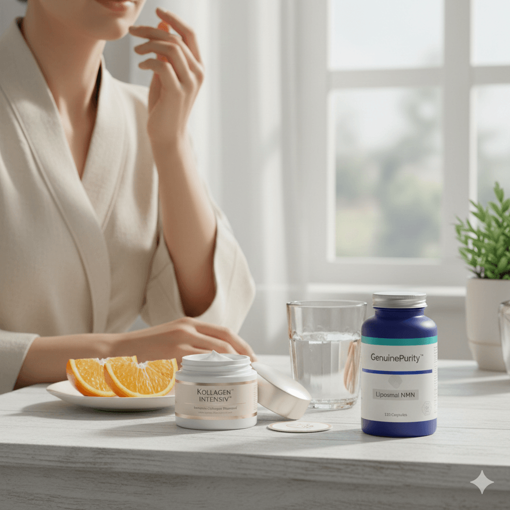 NMN and collagen routine supporting NAD+ and collagen synthesis in a clean wellness setting