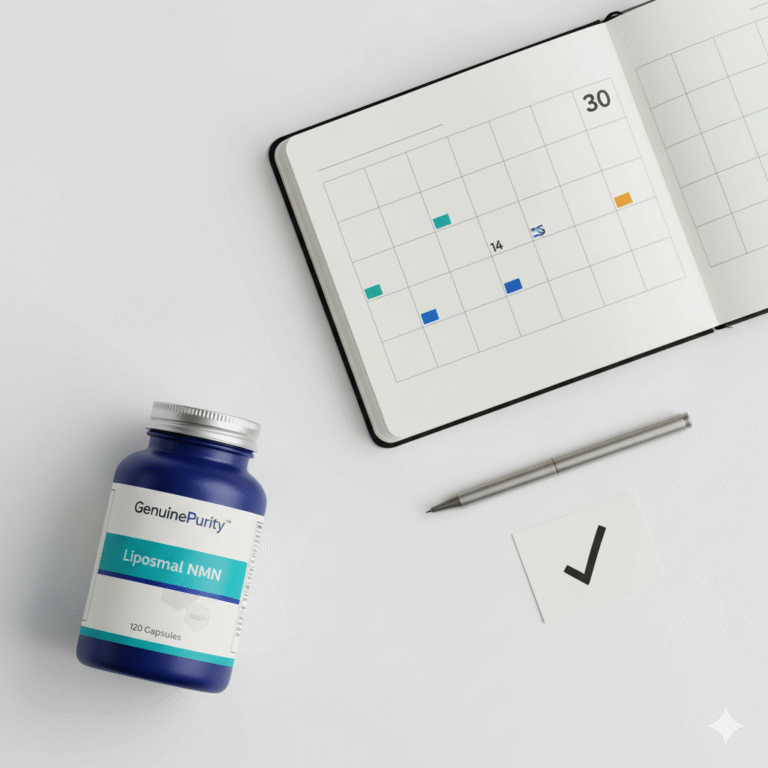 nmn 30 day plan — top-down bullet journal with 7/14/30 sticky flags and GenuinePurity Liposomal NMN bottle (adherence hook)