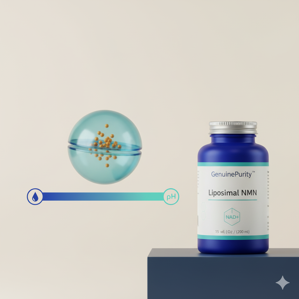 Editorial illustration of liposomal NMN benefits supporting cellular defenses