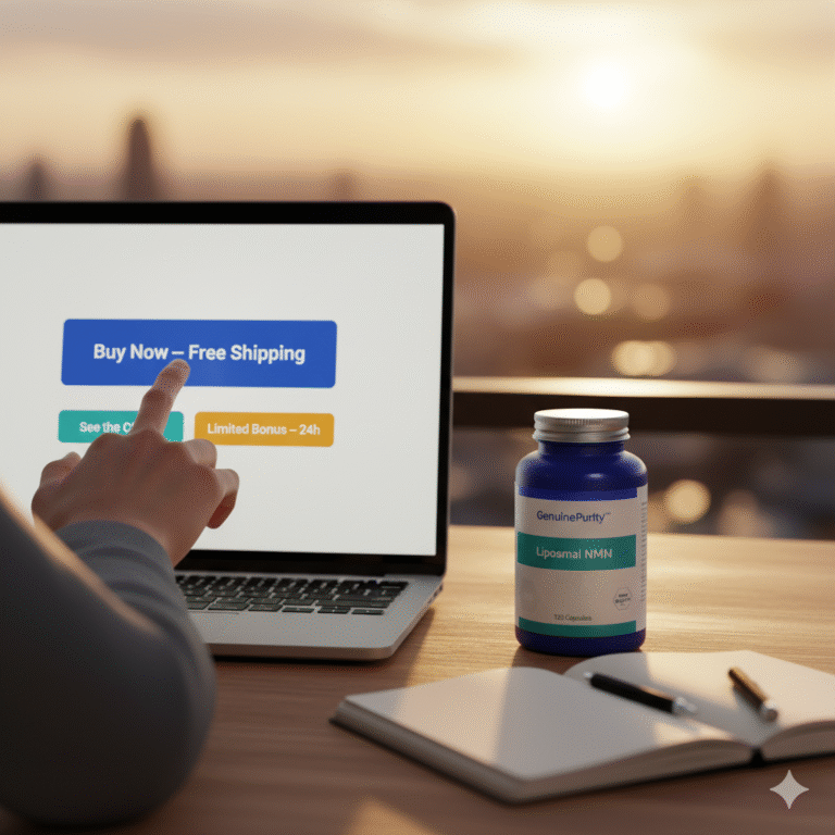 nmn cta examples — person about to click CTA on laptop (buy now, see the COA, limited bonus) with a GenuinePurity Liposomal NMN bottle on desk