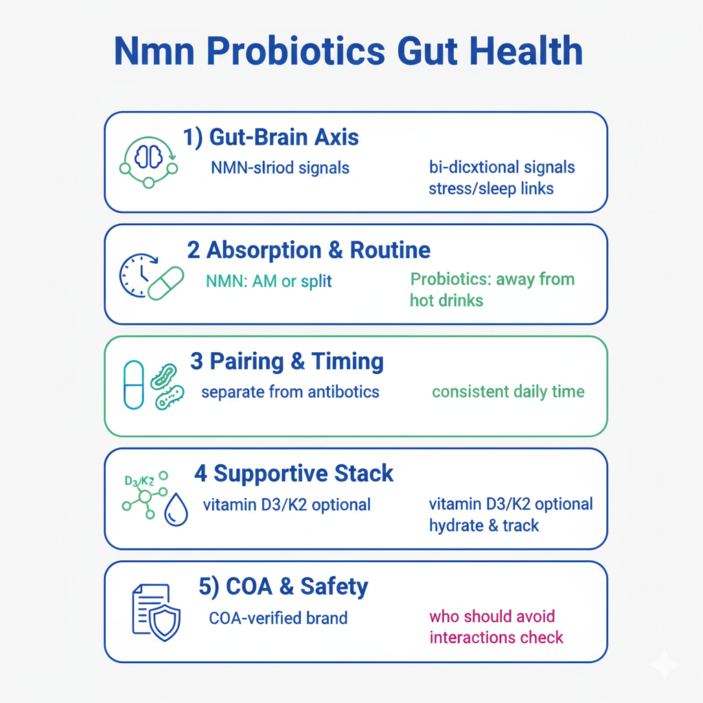 NMN + Probiotics — Smart Stack Infographic nmn probiotics gut health infographic — timing, dosing, and safety