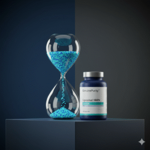 nad+ decline with age — abstract NAD+ hourglass with glowing beads beside a GenuinePurity Liposomal NMN bottle