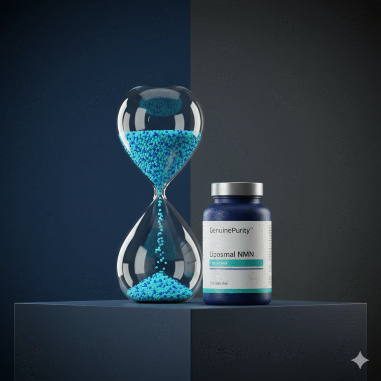 nad+ decline with age — abstract NAD+ hourglass with glowing beads beside a GenuinePurity Liposomal NMN bottle