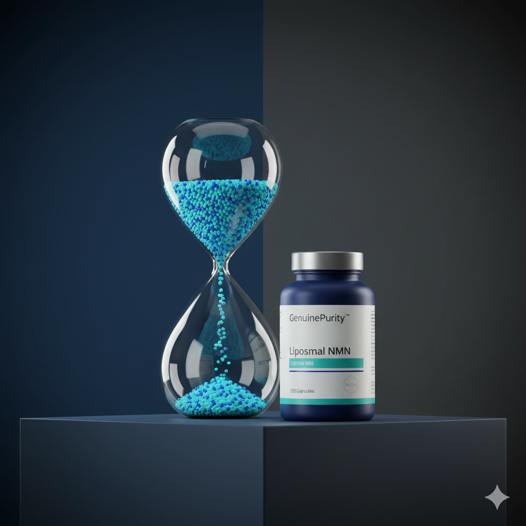 nad+ decline with age — abstract NAD+ hourglass with glowing beads beside a GenuinePurity Liposomal NMN bottle