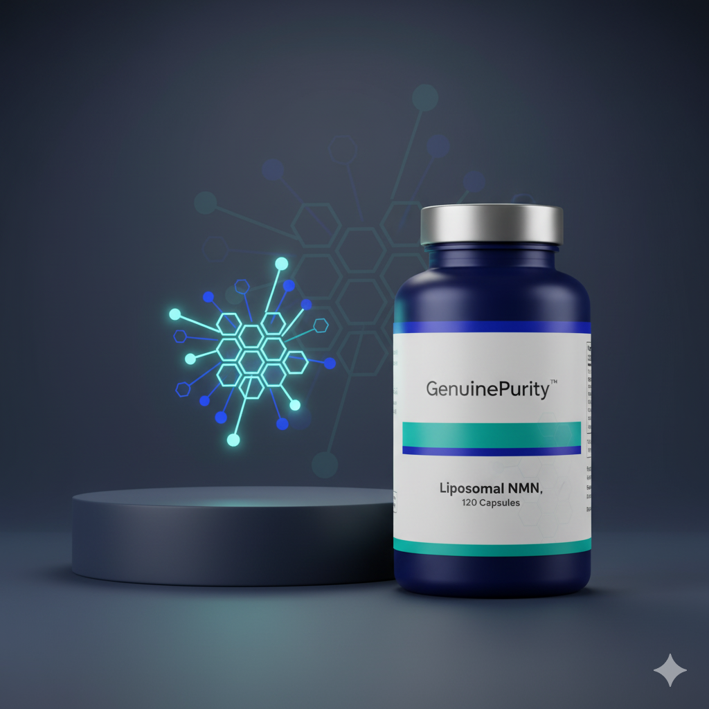 what is nad+ — studio hero with abstract NAD+ spark icon and GenuinePurity Liposomal NMN (cellular explainer hook)