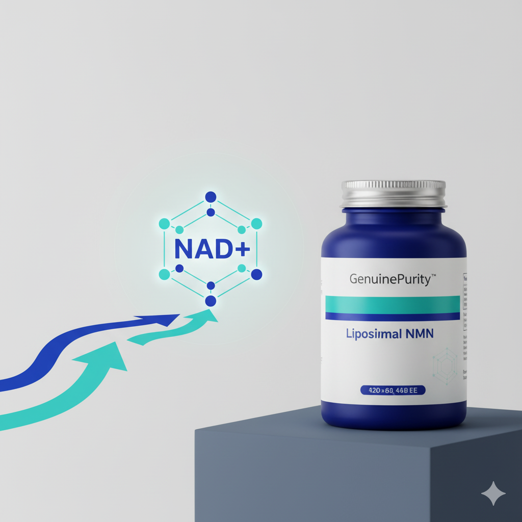nmn salvage pathway — blueprint conveyor arrows into a luminous NAD+ node beside a GenuinePurity Liposomal NMN bottle