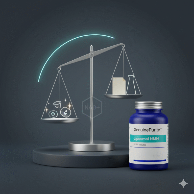 does nmn really work for aging — studio evidence bench with balance scale, research cues, and GenuinePurity Liposomal NMN
