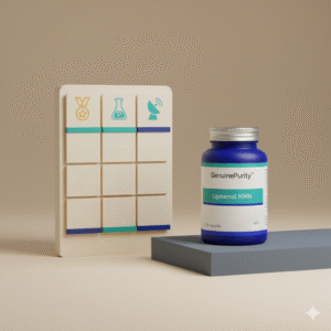 nmn clinical evidence — abstract scoreboard tiers with a GenuinePurity Liposomal NMN bottle (no people)