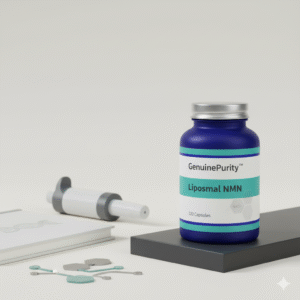nmn dna repair — neutral lab desk with GenuinePurity Liposomal NMN and symbolic DNA repair props (no people)