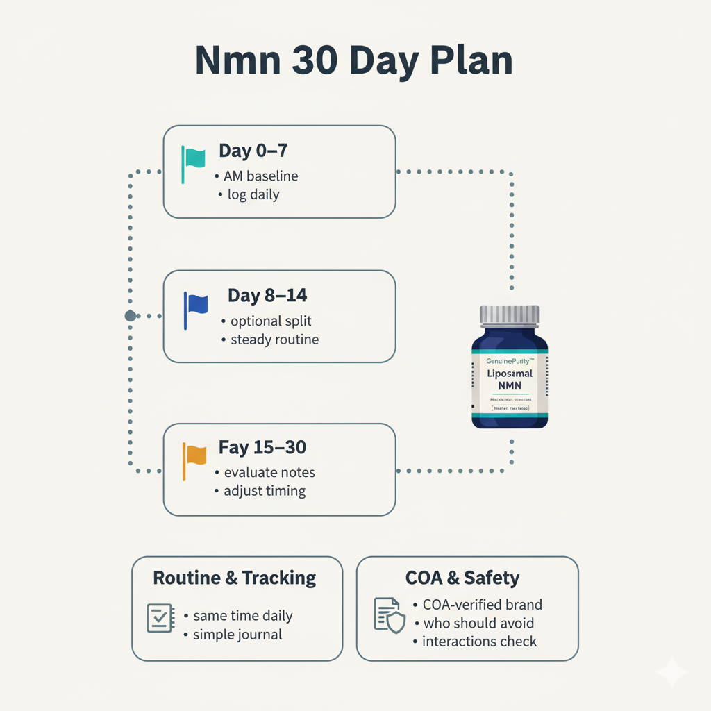 Infographic detailing the key milestones of an nmn 30 day plan.