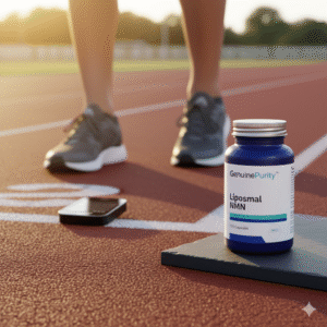 nmn endurance results — track scene with lap timer and GenuinePurity Liposomal NMN bottle (trial hook)