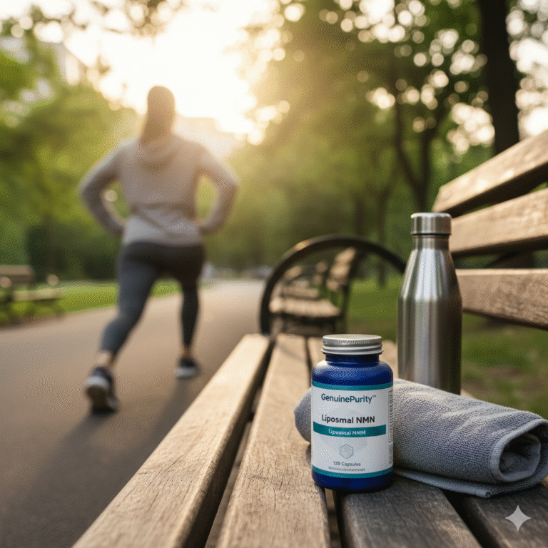 nmn energy boost — evening park warm-up with a GenuinePurity Liposomal NMN bottle, water bottle, and gym towel (no faces)