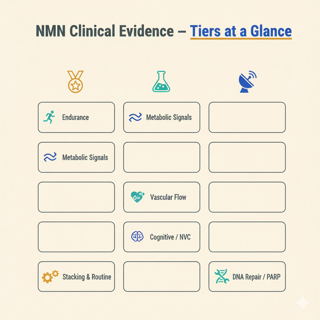 Infographic summarizing NMN clinical evidence tiers and stack priorities