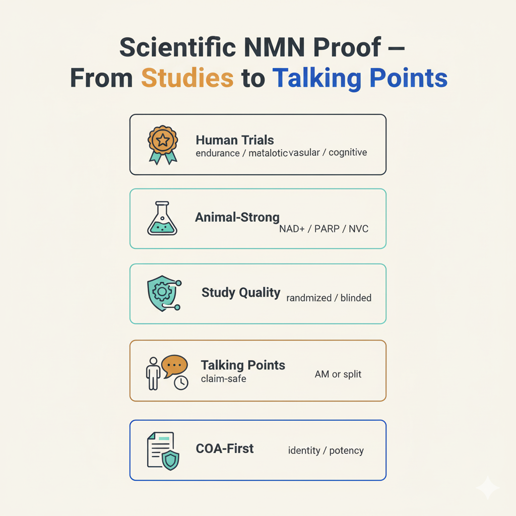 Infographic: scientific NMN proof workflow Infographic translating scientific NMN proof into verified storytelling