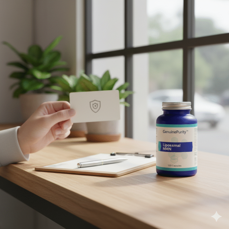 best nmn quality — shopper’s hand checking a COA card beside a GenuinePurity Liposomal NMN bottle on a café counter (no faces)