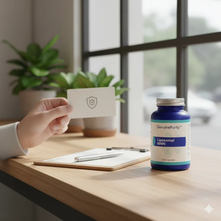 best nmn quality — shopper’s hand checking a COA card beside a GenuinePurity Liposomal NMN bottle on a café counter (no faces)
