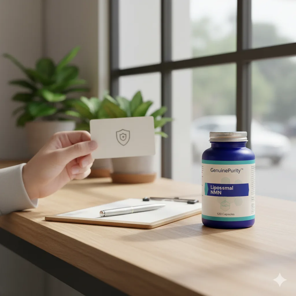 best nmn quality — shopper’s hand checking a COA card beside a GenuinePurity Liposomal NMN bottle on a café counter (no faces)