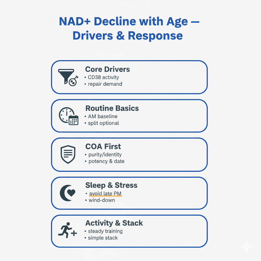 Infographic on NAD+ decline with age, showing the vicious cycle of CD38 and PARP overuse