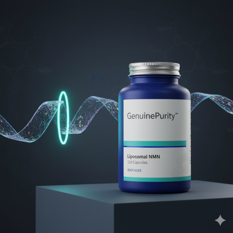 nmn nicotinamide mononucleotide — studio hero with abstract cell-membrane gate and GenuinePurity Liposomal NMN (pathway hook)