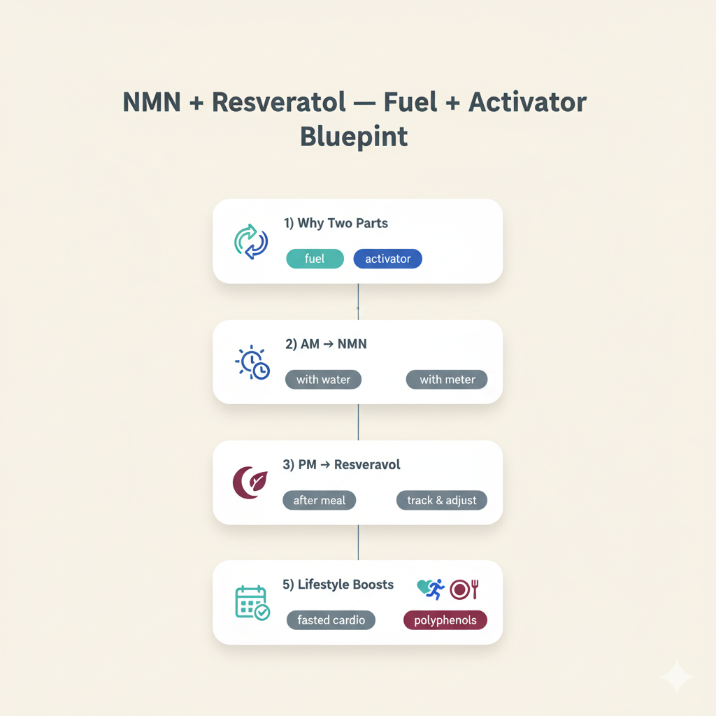 Infographic summarizing the NMN and resveratrol stack checkpoints