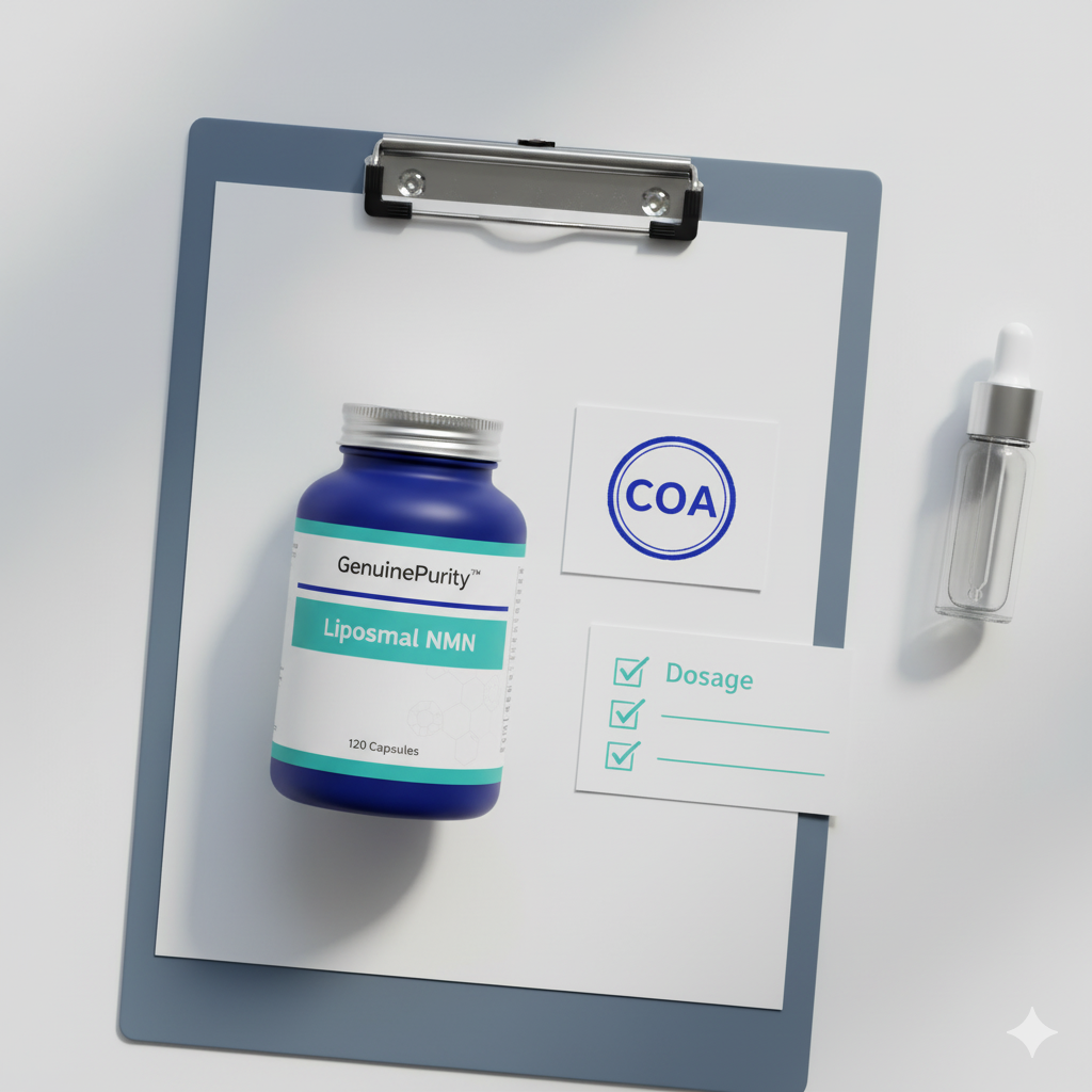 nmn supplements benefits and dosage — clean lab desk with GenuinePurity Liposomal NMN, symbolic COA report, and simple dosage card