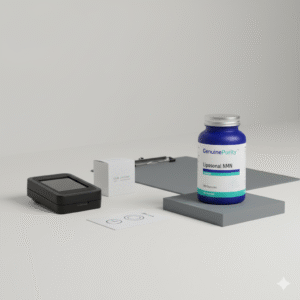 nmn insulin sensitivity — clean metabolic lab scene with GenuinePurity Liposomal NMN, symbolic glucose tools, and meal-timing cue