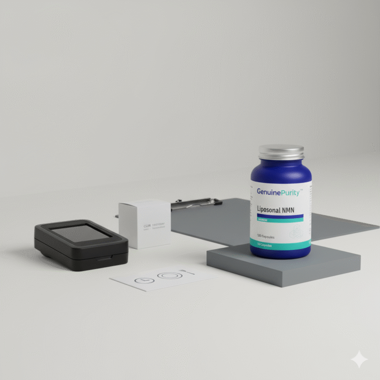 nmn insulin sensitivity — clean metabolic lab scene with GenuinePurity Liposomal NMN, symbolic glucose tools, and meal-timing cue