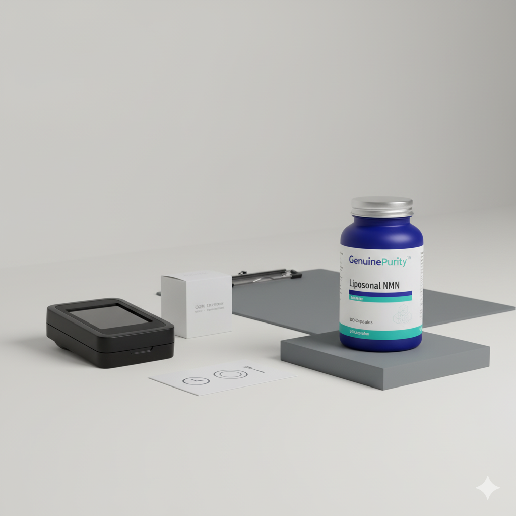 nmn insulin sensitivity — clean metabolic lab scene with GenuinePurity Liposomal NMN, symbolic glucose tools, and meal-timing cue