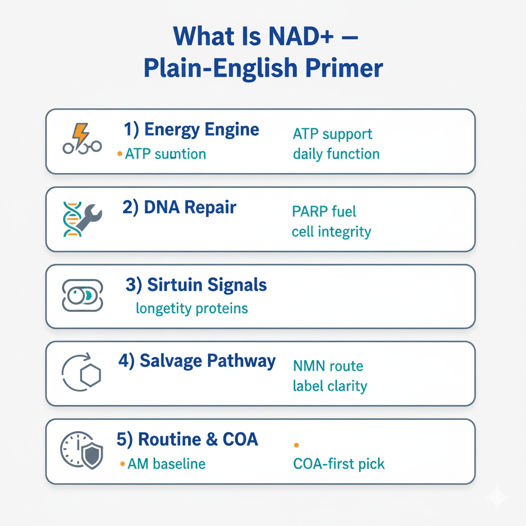 Infographic answering what is NAD+ by showing its roles in ATP, DNA repair, and sirtuins