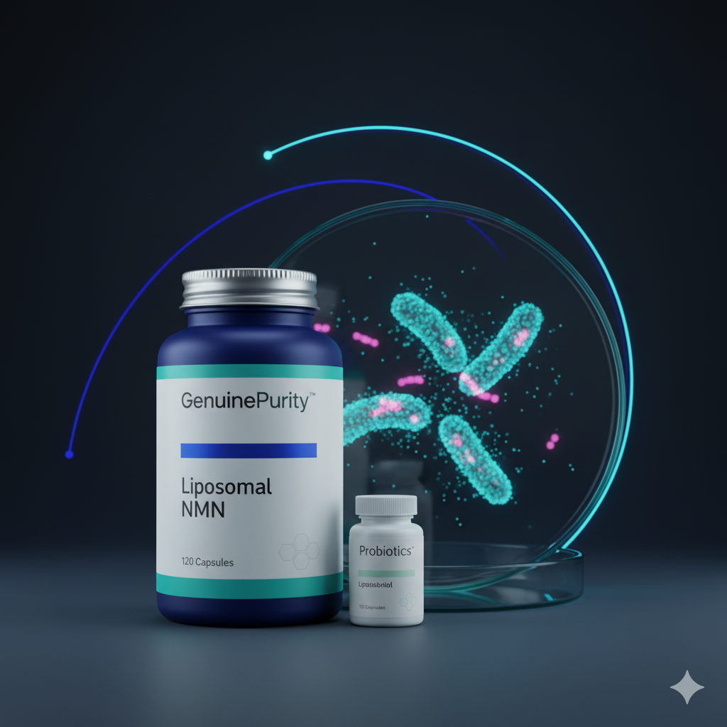 NMN Probiotics Gut Health — Foundational Stack Visual nmn probiotics gut health synergy with branded supplement bottles
