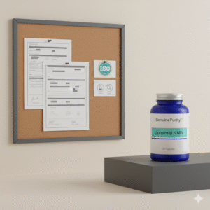 genuinepurity nmn review — transparency wall with blocked COA sheets and a GenuinePurity Liposomal NMN bottle (no people)