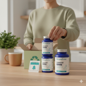 nmn subscription savings — home unboxing of a GenuinePurity Liposomal NMN multi-bottle delivery (no faces)
