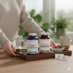 nmn and resveratrol stack — morning kitchen routine with GenuinePurity Liposomal NMN and Trans-Resveratrol bottles on a tray (no faces)