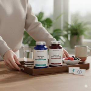 nmn and resveratrol stack — morning kitchen routine with GenuinePurity Liposomal NMN and Trans-Resveratrol bottles on a tray (no faces)