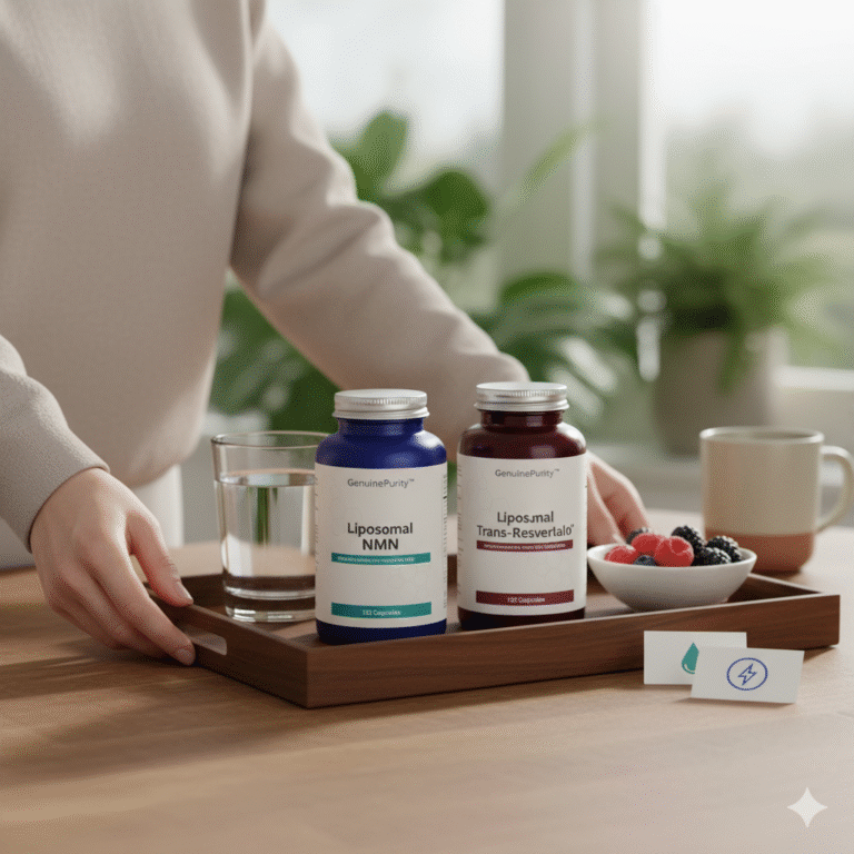 nmn and resveratrol stack — morning kitchen routine with GenuinePurity Liposomal NMN and Trans-Resveratrol bottles on a tray (no faces)