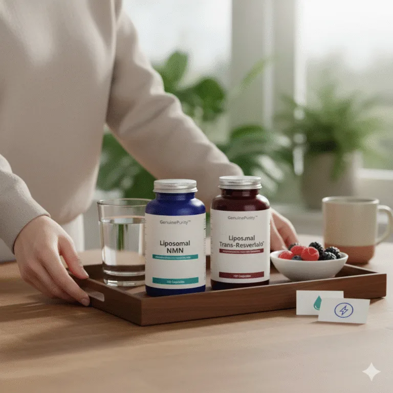 nmn and resveratrol stack — morning kitchen routine with GenuinePurity Liposomal NMN and Trans-Resveratrol bottles on a tray (no faces)