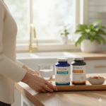 nmn and longevity stack — morning kitchen routine with GenuinePurity Liposomal NMN and Longevity+ on a tray (no faces)