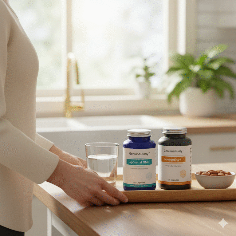 nmn and longevity stack — morning kitchen routine with GenuinePurity Liposomal NMN and Longevity+ on a tray (no faces)