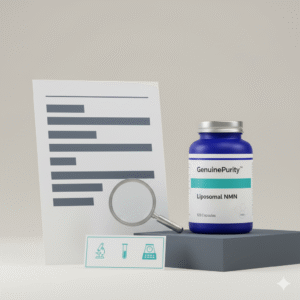 nmn purity testing — editorial COA audit desk with GenuinePurity Liposomal NMN, loupe, and blocked COA sheet