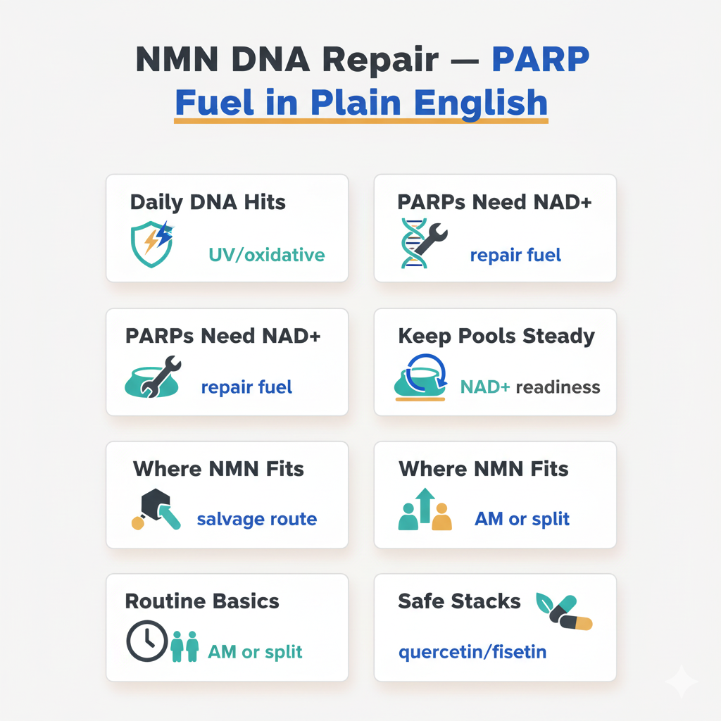 NMN DNA repair infographic showing PARP fuel cadence