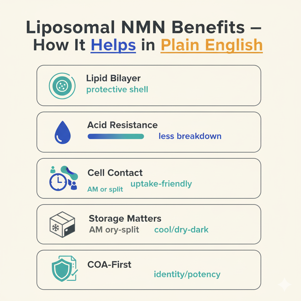 Infographic showing liposomal NMN benefits on absorption, NAD+, and recovery