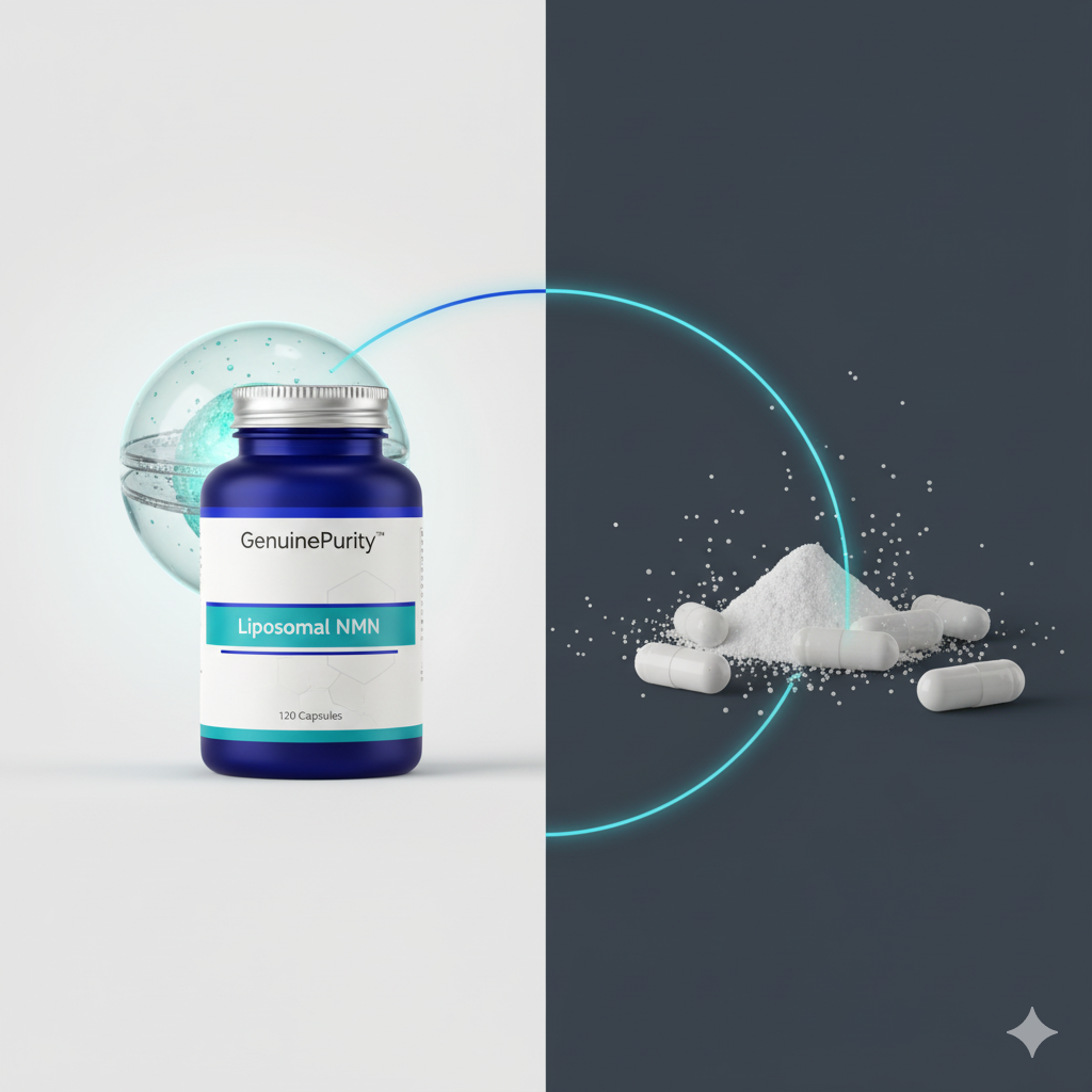 liposomal nmn vs regular — split-contrast hero with GenuinePurity Liposomal NMN and abstract liposome sphere versus plain regular capsule silhouette