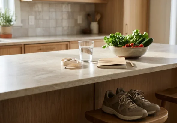Kitchen counter with a measuring tape, vegetables and walking shoes for cortisol belly questions