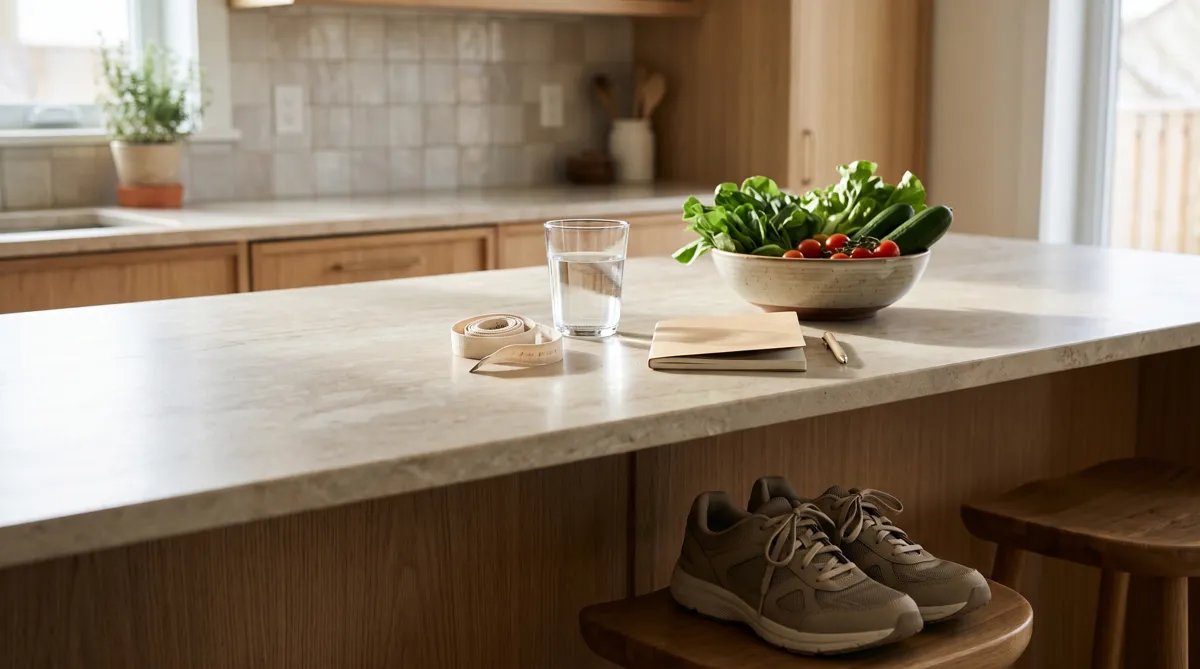Kitchen counter with a measuring tape, vegetables and walking shoes for cortisol belly questions