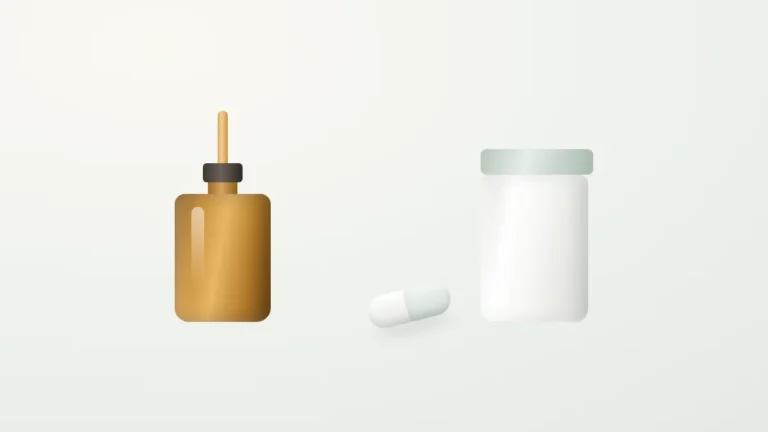 cortisol drops vs pills shown as a dropper bottle beside a capsule and supplement jar