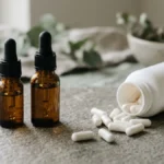 cortisol drops vs pills shown as amber dropper bottles beside a white bottle of capsules