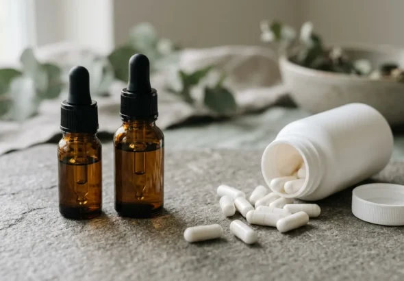 cortisol drops vs pills shown as amber dropper bottles beside a white bottle of capsules