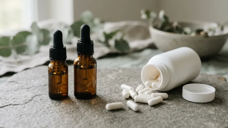 cortisol drops vs pills shown as amber dropper bottles beside a white bottle of capsules