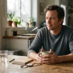 Man in his forties at a kitchen table: a calm morning routine for cortisol in men over 40