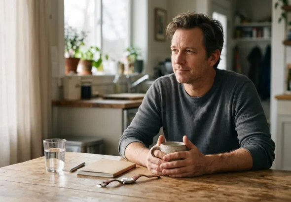 Man in his forties at a kitchen table: a calm morning routine for cortisol in men over 40